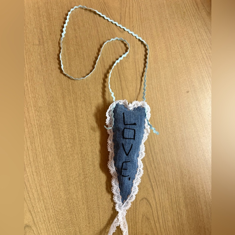 Denim Heart Necklace With Embroidered Love